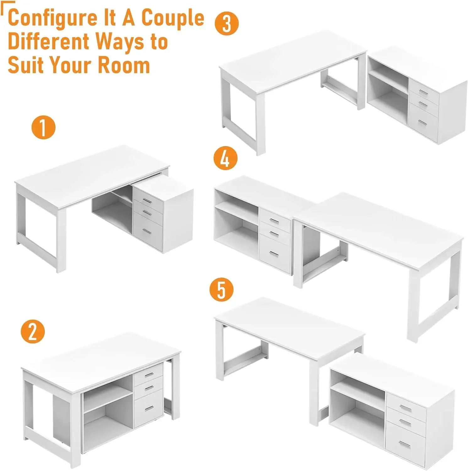 MU White L Shaped Desk with Drawers, Corner Desk with 3 Drawers and 2 Shelve, Executive Office Desk with Storage File Cabinet