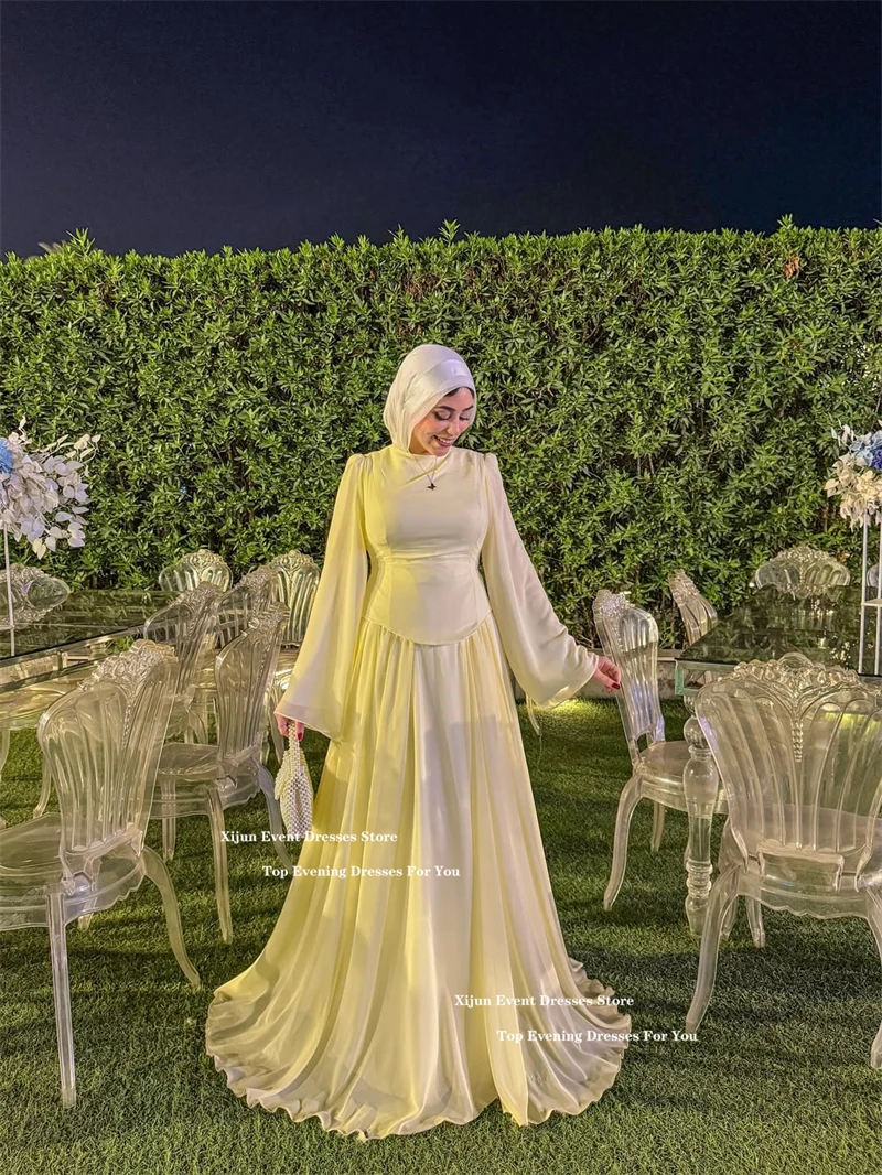 Xijun Modesto Baby Abiti da sera gialli Chiffon maniche lunghe A-Line Abiti da ballo formali Lunghezza pavimento Abito da ballo Dubai Personalizzato