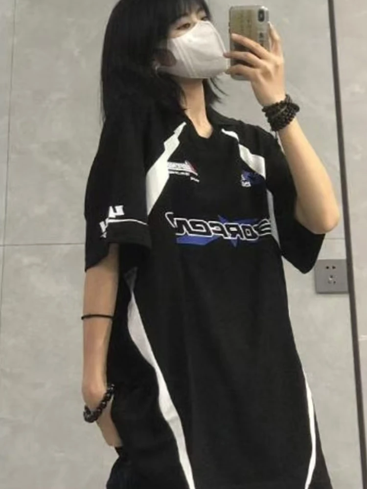

Retro Contrasting Color V-neck Basketball T-Shirts Women Sporty Short Sleeve Oversized Streetwear Jersey Casual Y2k Couple Tops