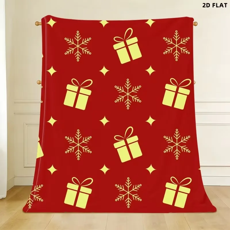 Red Christmas Throw Blanket Golden Gift Box Snowflake Print Soft Warm All Season Blanket for Sofa Couch Bed Home Holiday