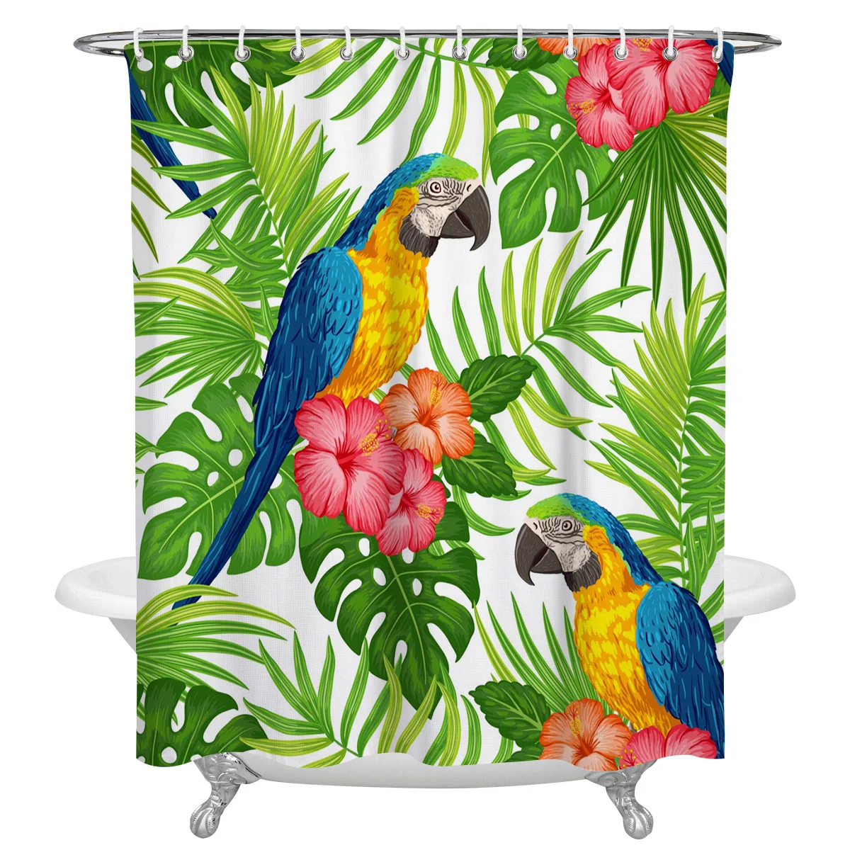 Parrot Flowers Green Tropical Plant Leaves Waterproof Shower Curtain With Hook Bath Curtains Bathroom Decoration Accessories