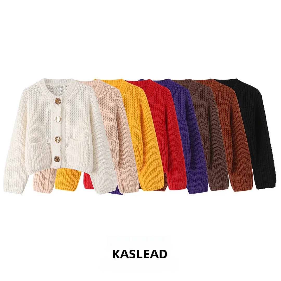 KASLEAD New Women's Fashion Multi-Color Knitted Cardigan with Pocket Coarse Needle Open-Shirt Style Polyester Fiber Long Sleeve