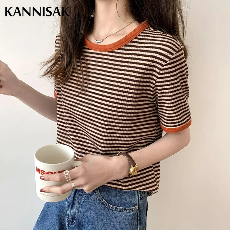 Women T-shirt 2024 Summer Short Sleeve Korean Loose O-neck Casual Stripe Shirts New Fashion Ladies T-shirts Cotton Tees Tops