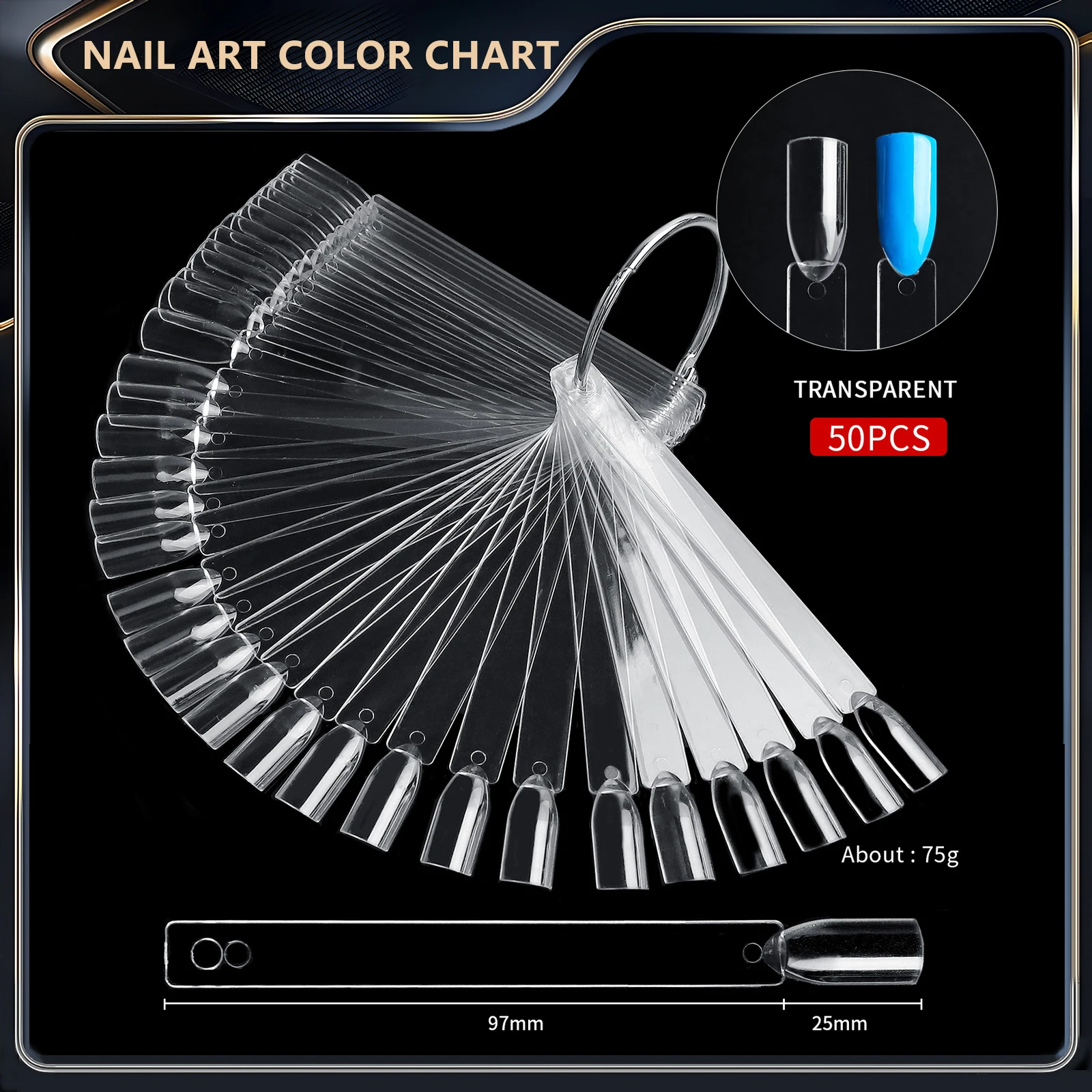 Waaiervormige nagellak displaykaart, acryl nageltip kleurenpraktijkpalet met ring voor nail art training