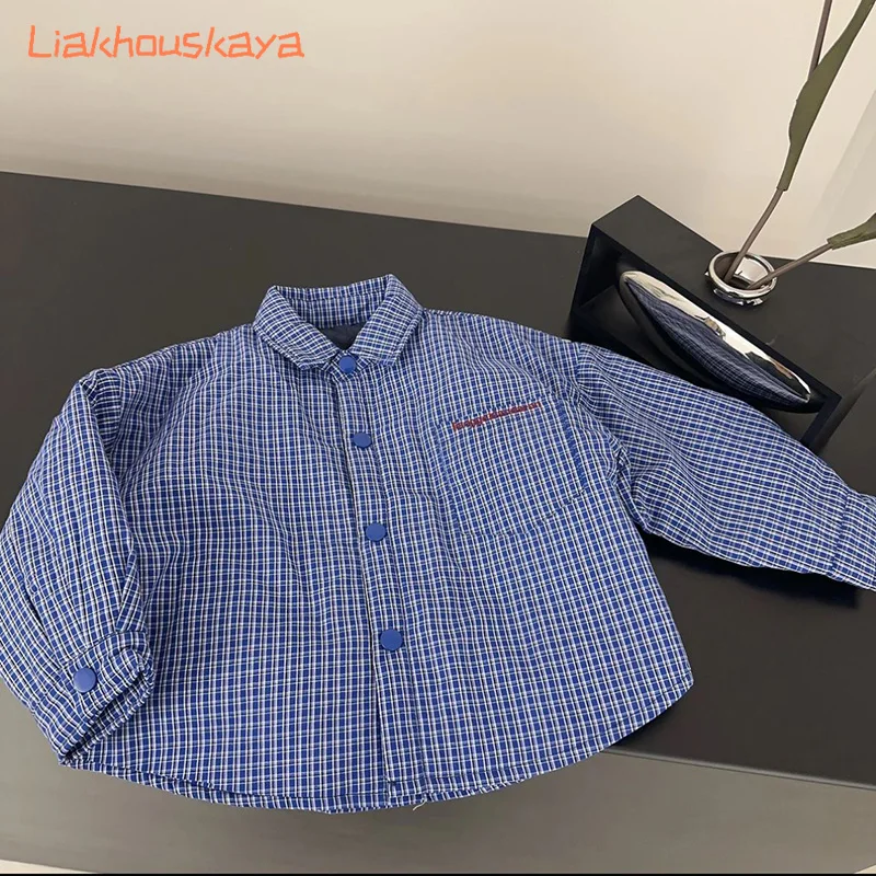 2026 Winter Kids Plaid Shirt Korean Style Quilted Lined Toddler Boys Girls Button Down Thick Warm Versatile Fashion Tops