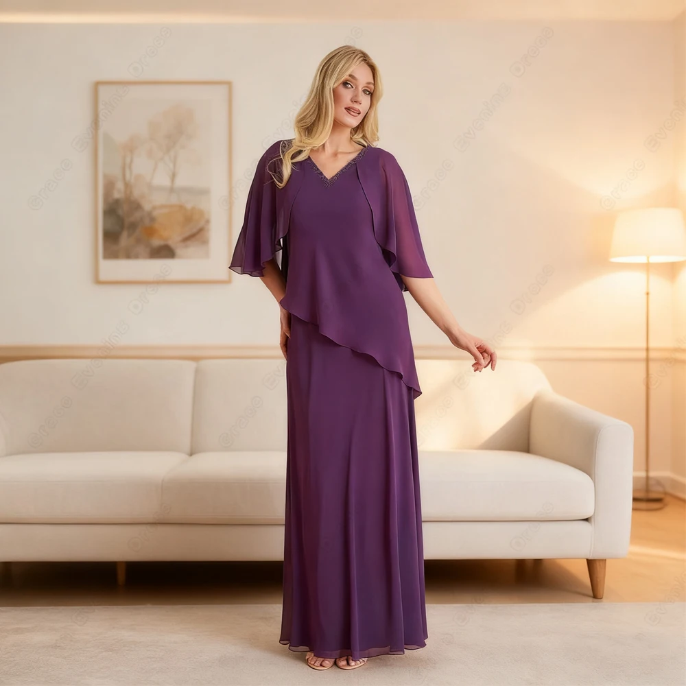 맞춤형 보라색 쉬폰 신부 어머니 드레스 반소매 우아한 웨딩 파티 가운 2025 신상 브이넥 베스티도 데 노체