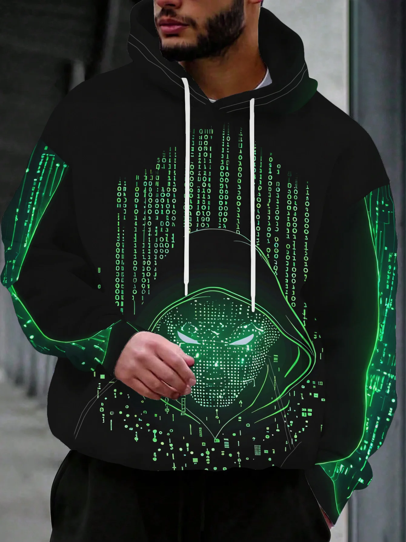 Men Black Drawstring Hoodie Front Pocket Green Digital Code Hacker Silhouette Tech Graphic 3D All Over Print Sweatshirt