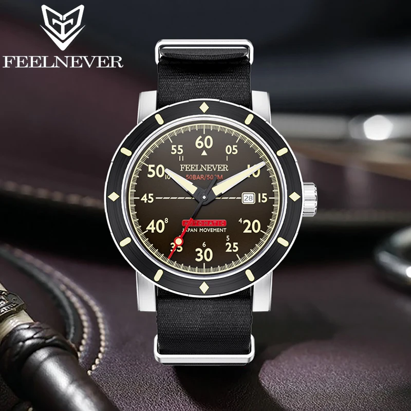FeelNever Professional Outdoor Sport Men's Watches 8215 Automatic Movement Mechanical Man Watch Nylon Strap Waterproof Clock+Box