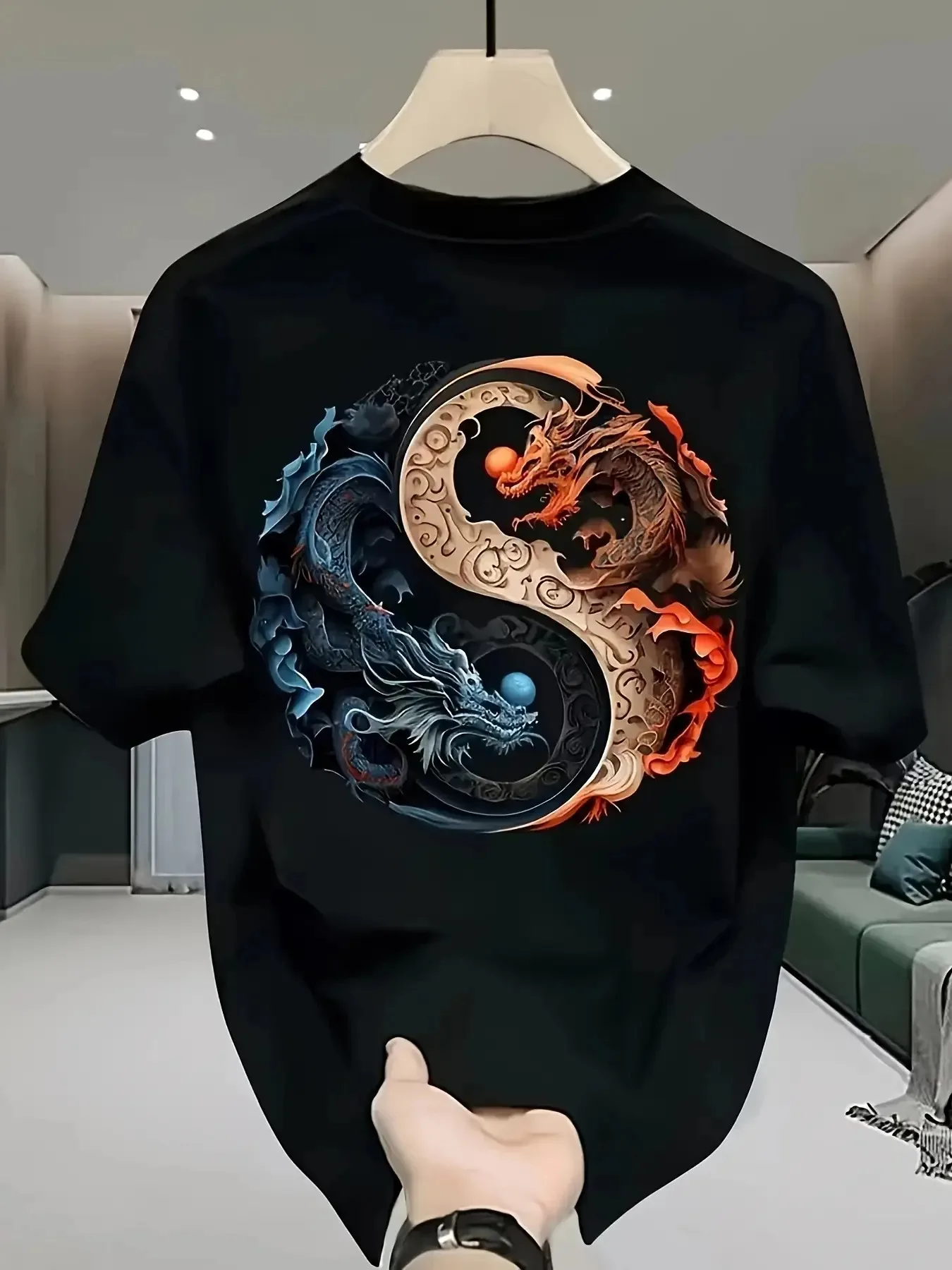 Neues Herren-Baumwoll-T-Shirt - Yin-Yang-Muster Streetwear-T-Shirt Lockeres Rundhals-Shirt Geeignet für Alltag und Formelle Anlässe