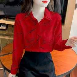 Women's Autumn Trendy Graffiti Print Button Up Shirt Office Lady Elegant Commute Blouse Casual Lapel Long Sleeve Loose Chic Tops