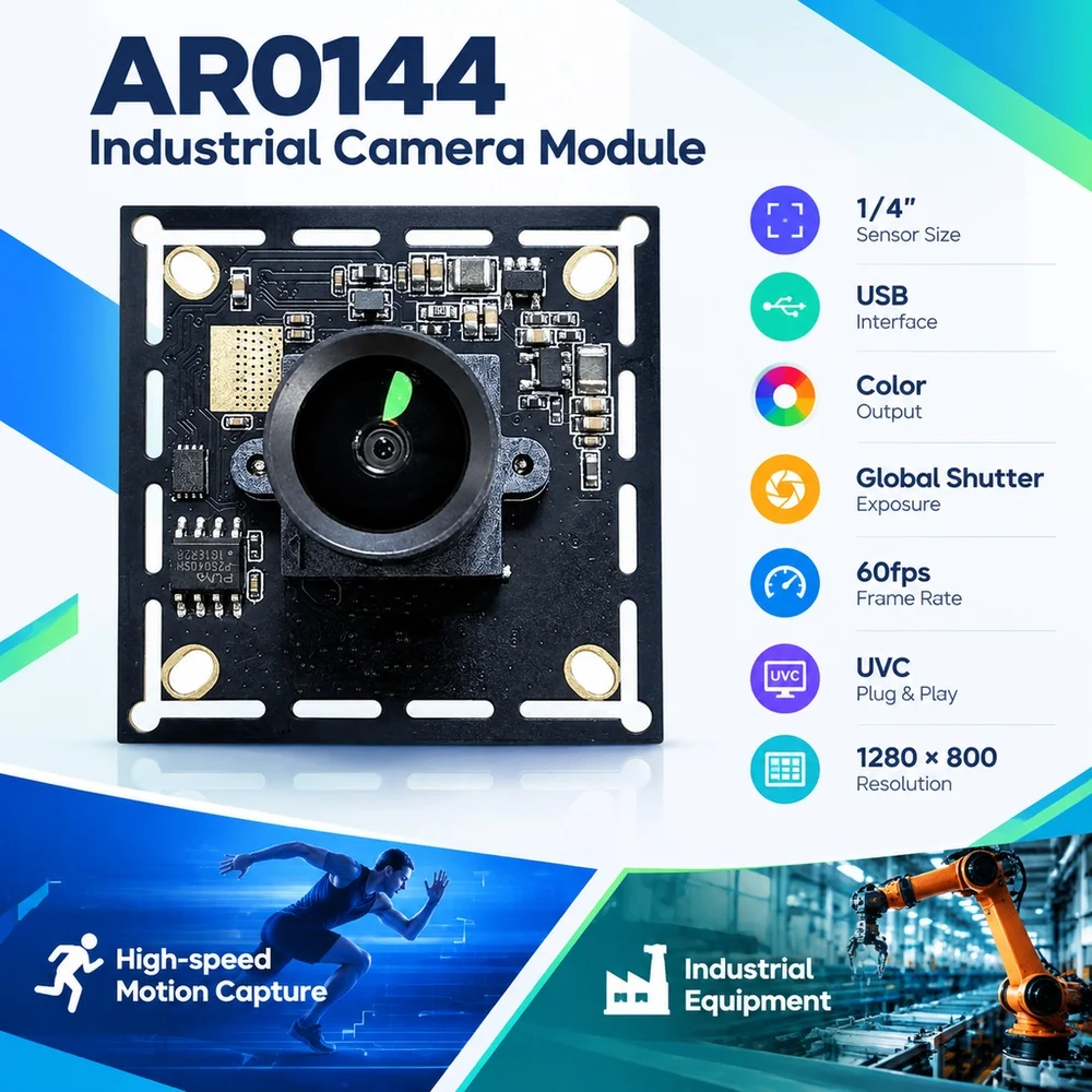 AR0144 Industrial Camera Module with 1/4 Inch USB Color Global Shutter Exposure 60fps UVC 1280*800 for High-speed Motion Capture