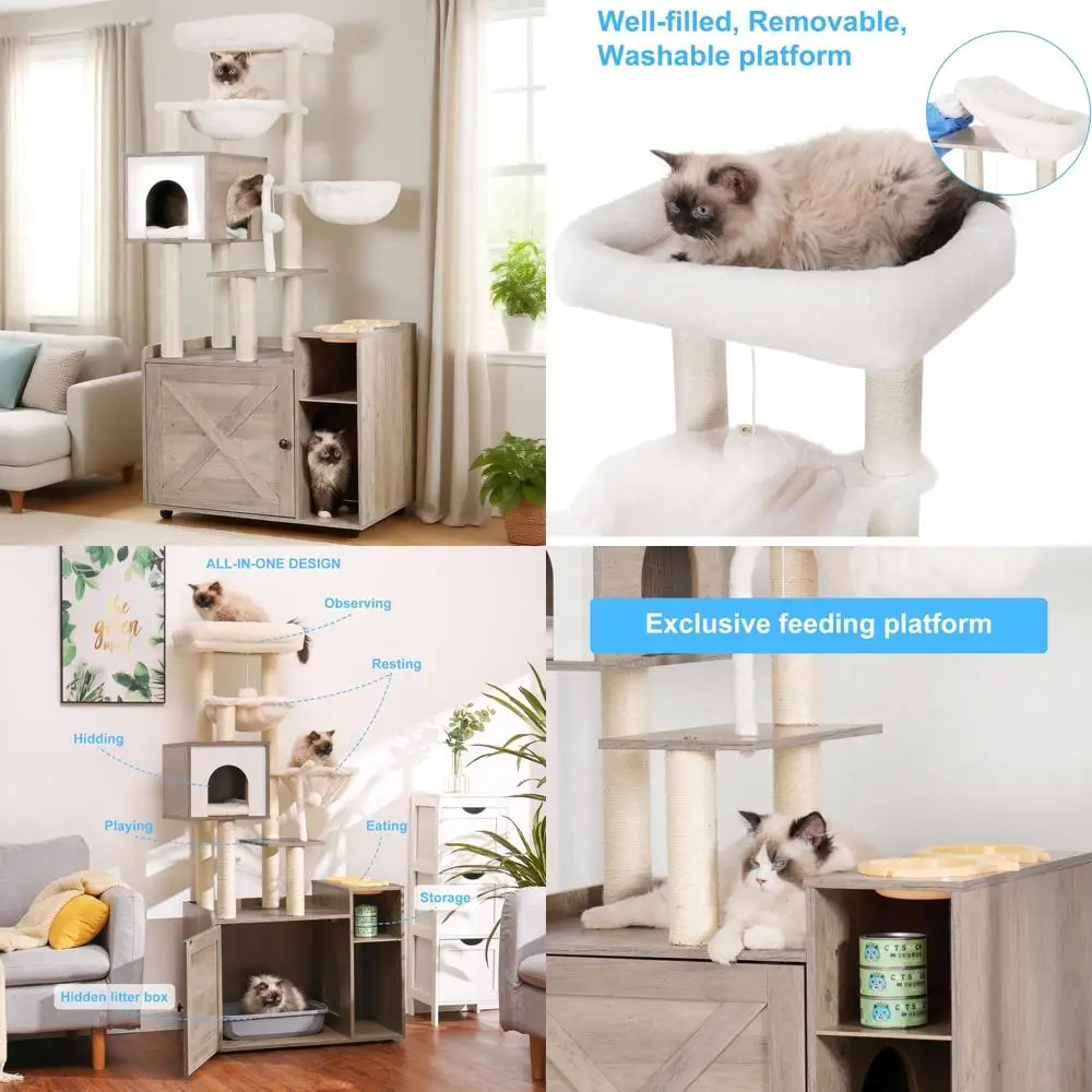 

Indoor Modern Cat Tower with Litter Box Enclosure, Large Platform, Condo Food Station, and 2 Huts