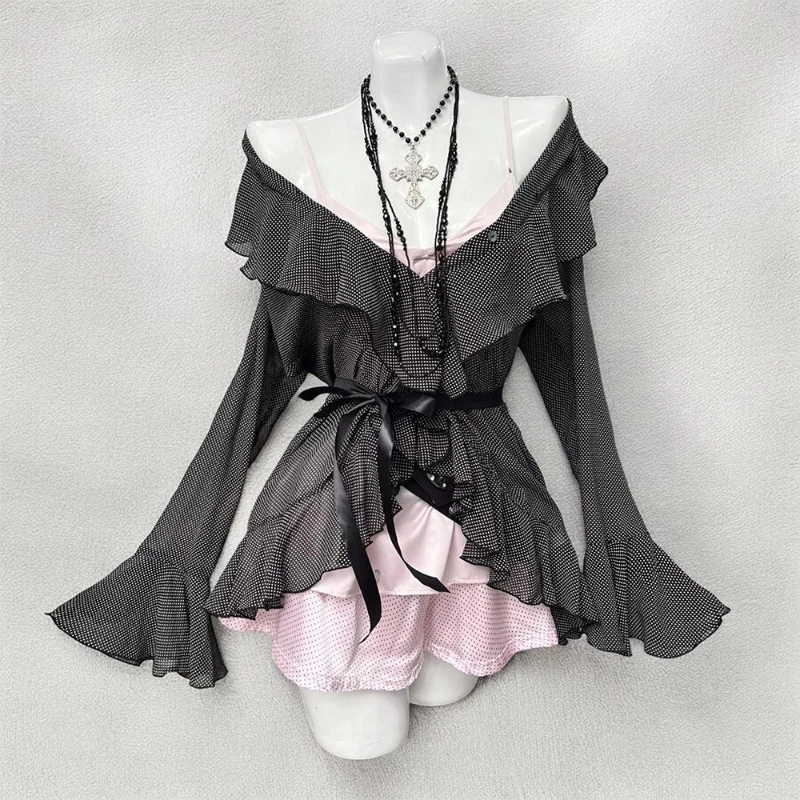 

Новый японский винтажный сладкий комплект из 3 предметов, женский кардиган в горошек + жилет + юбки, модные элегантные шикарные наряды в стиле Харадзюку