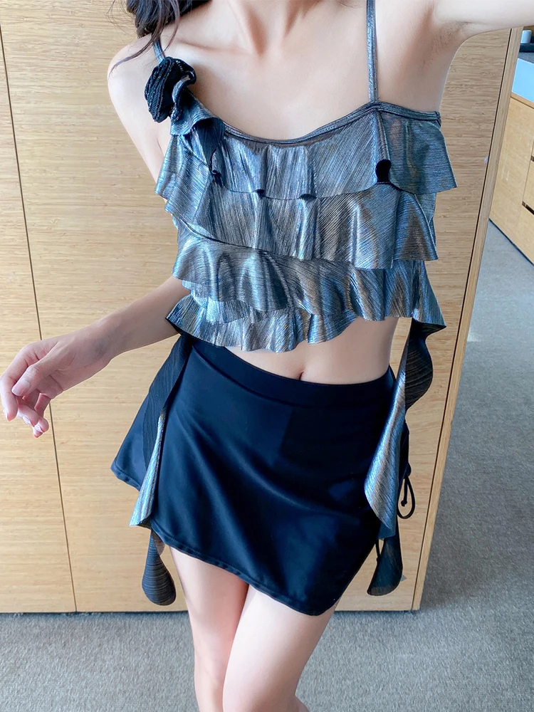 Elegant Black Ruffles Lace-up Conservative High Waist Split Swimsuit Women's Summer Chic Personalized Seaside Vacation Swimwear