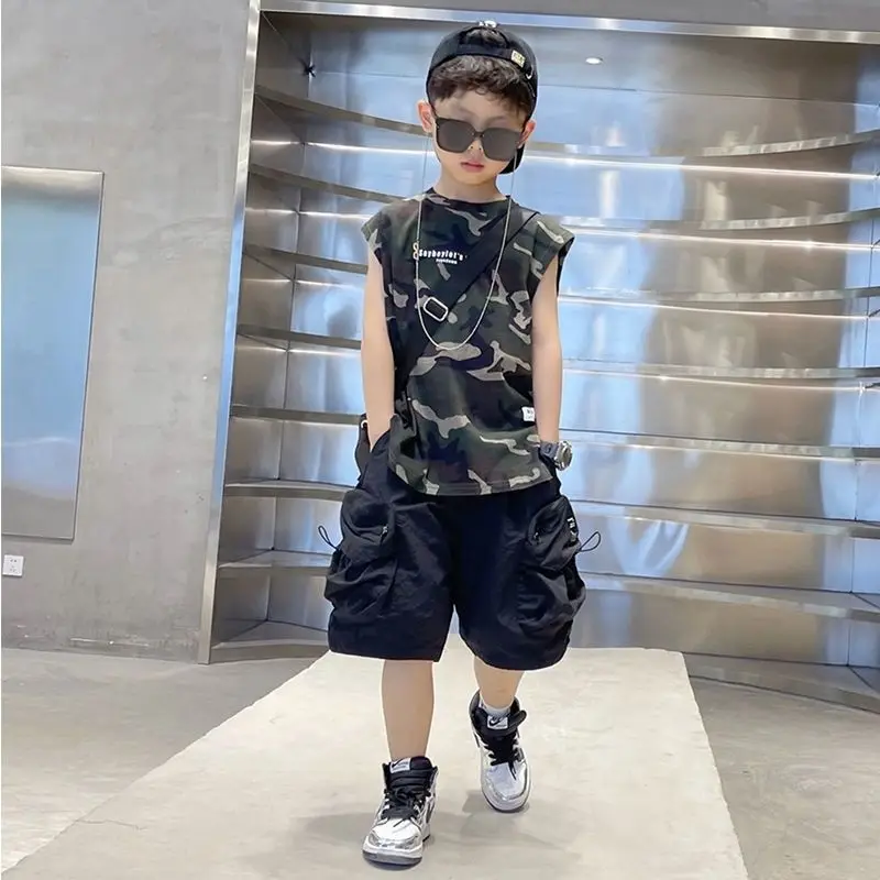 

Korean Kid Clothes Baby Cotton Outfit Set Summer Teenage Boys Sleeveless Camouflage T Shirt +Junior Knee Length Shorts 4-12Yrs