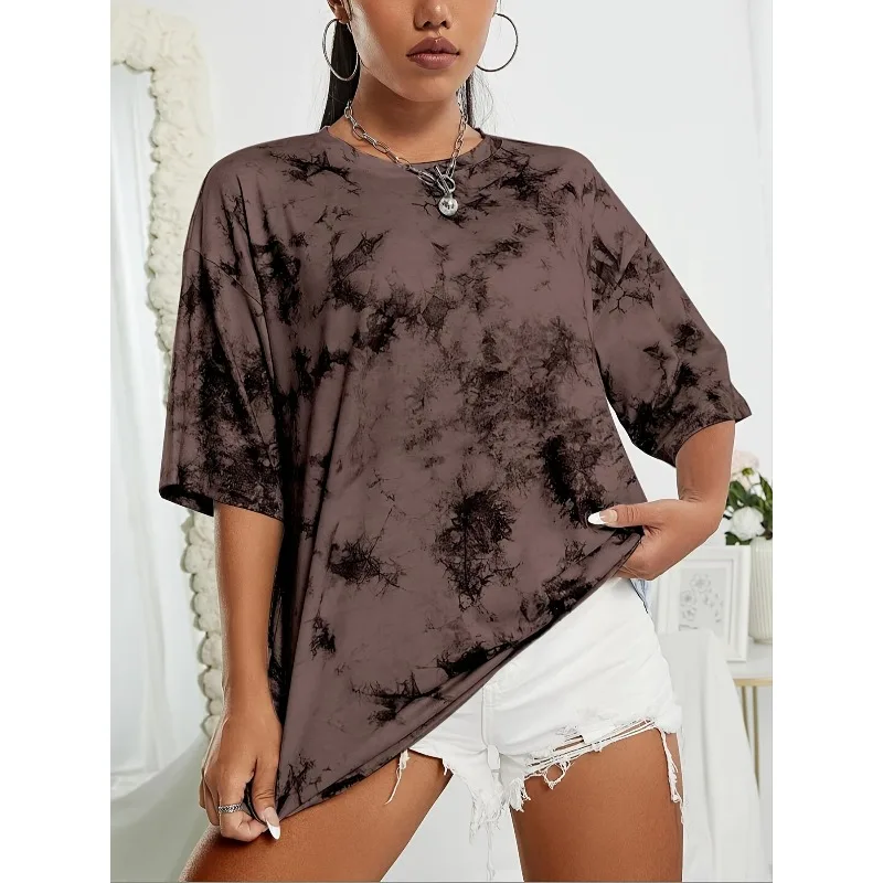 Plus Size 1XL-5XL New Women‘s Fashion Tie Dye Contrasting Printed T-Shirt Ladies Round Neck Loose And Comfortable Short Sleeve