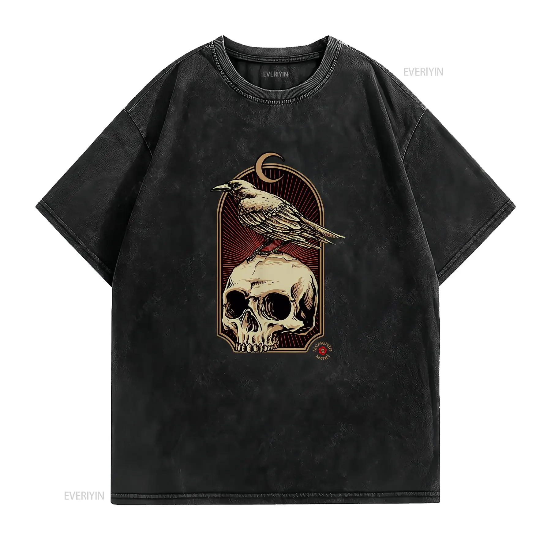 تي شيرت Nevermore Skull and Raven Memento Mori مقاس S 5XL ملابس الشارع المغسولة العتيقة متعددة الاستخدامات للجنسين أنيقة أوم ممتدة