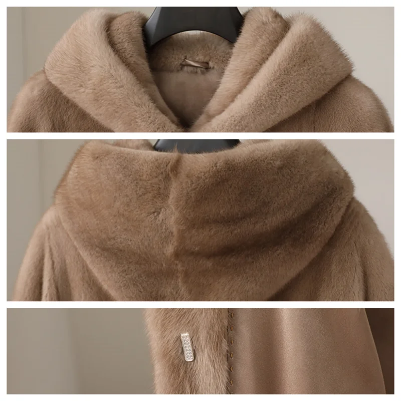 Jaqueta de inverno de pele de vison natural para mulheres, casaco longo e quente com capuz, roupas femininas reais de pele de vison, grosso, fino, moda