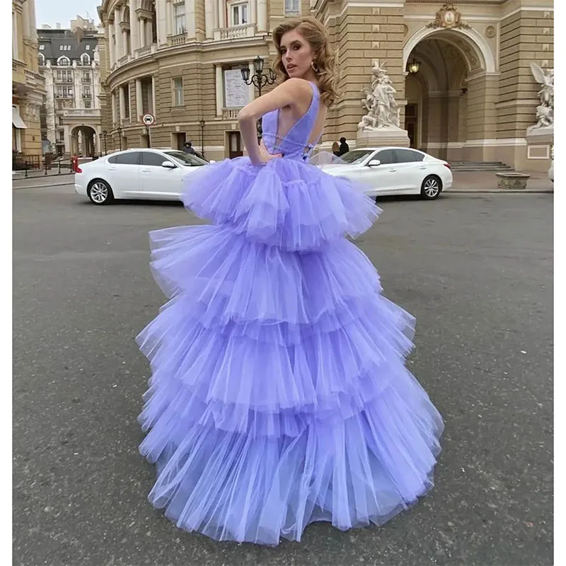 

Elegant Purple Tiered Tulle Evening Dresses Deep V Neck Ruffles Prom Dress robes de Formal Birthday Gowns