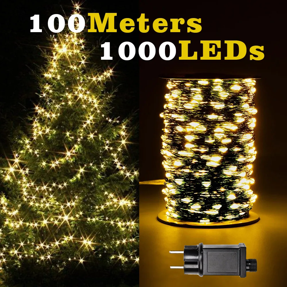 

100m Green Cable LED Birthday String Fairy Lights Garland Outdoor Waterproof Decoration Lamp For Party Halloween Garden House