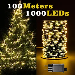 100m Green Cable LED Christmas String Fairy Lights Garland Outdoor Waterproof Decoration Lamp For Party Halloween Garden House