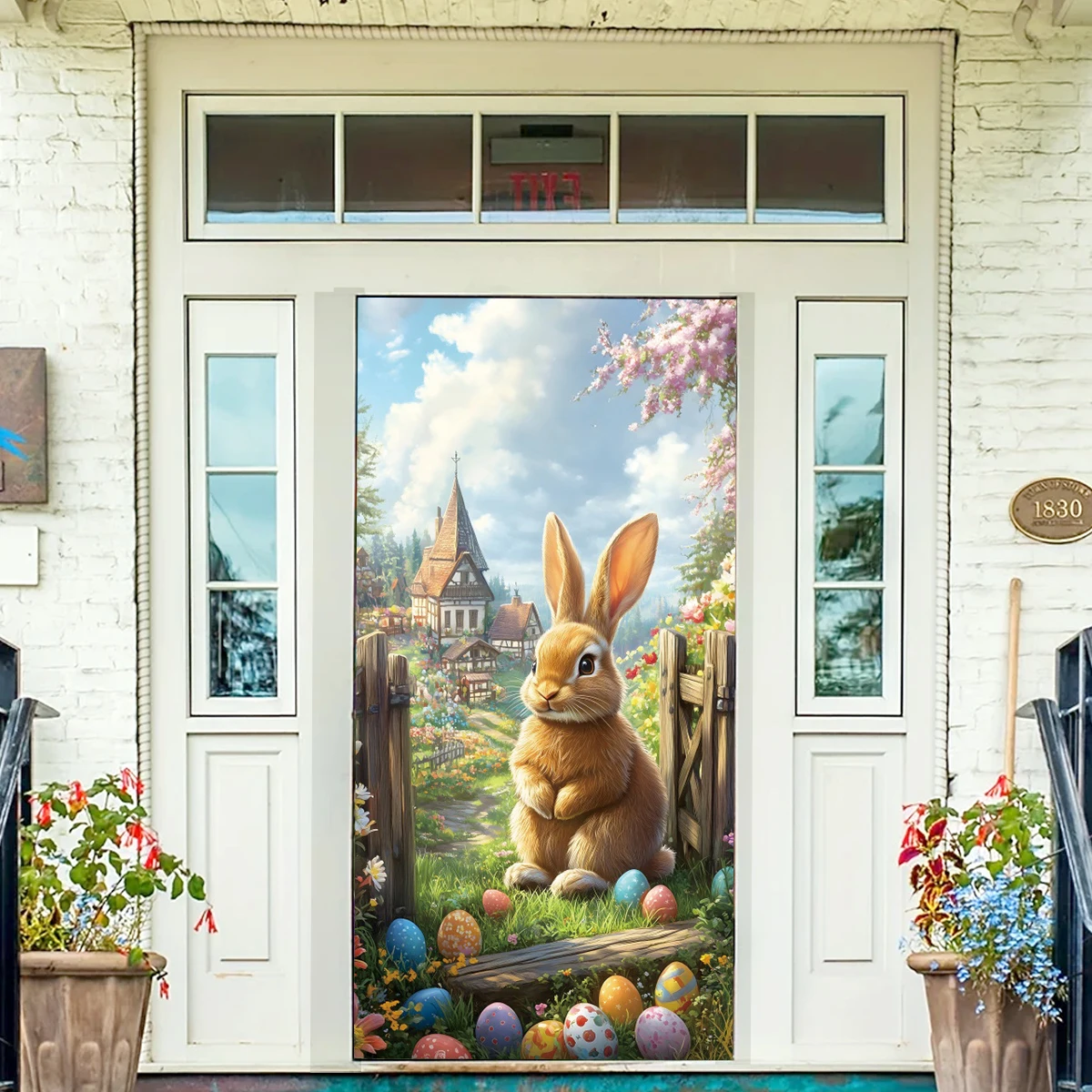 Bannière de couverture de porte de lapin de Pâques joyeux printemps, rideau de porte de fond, décor de face, festival, fête, décoration de porche