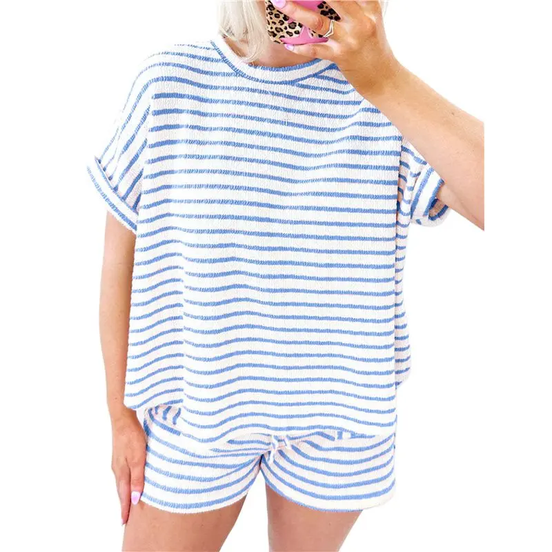 

CYL-2 Piece Sets For Women Summer Outfits Cute Stripe Knit T Shirts Shorts Matching Lounge Set