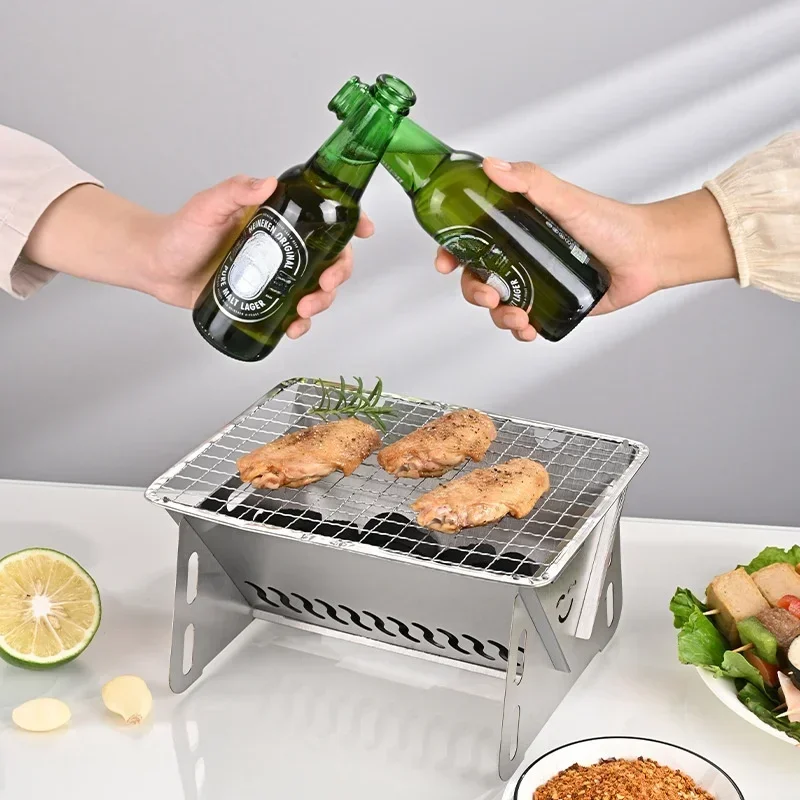 New Mini Outdoor Folding Barbecue Stove Stainless Steel Convenient Card Type Firewood Stove Barbecue Grills Rack Household Stove