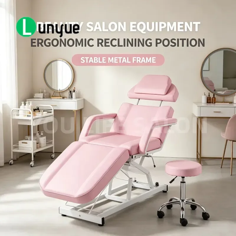 Commercial Adjustable Recliner Beauty Chair Pink Leather Massage Bed with Roller Stool Full Set for Spa