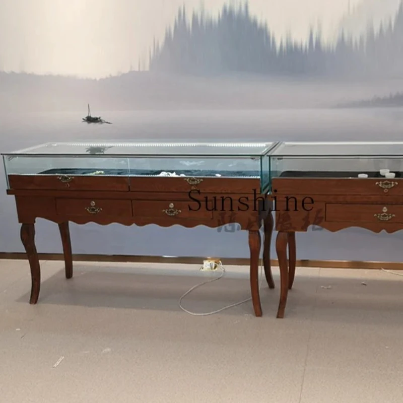 

Solid wood retro exhibition hall glass table jewelry watch boutique showcase customization is simple