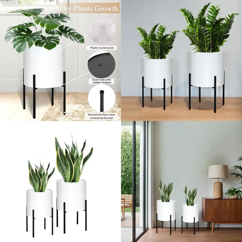 

Large Decorative Planters with Stand, Set of 2, Metal Pots for Living Room, Office, Garden, or Balcony, White, 10.5 & 12.25 Inch