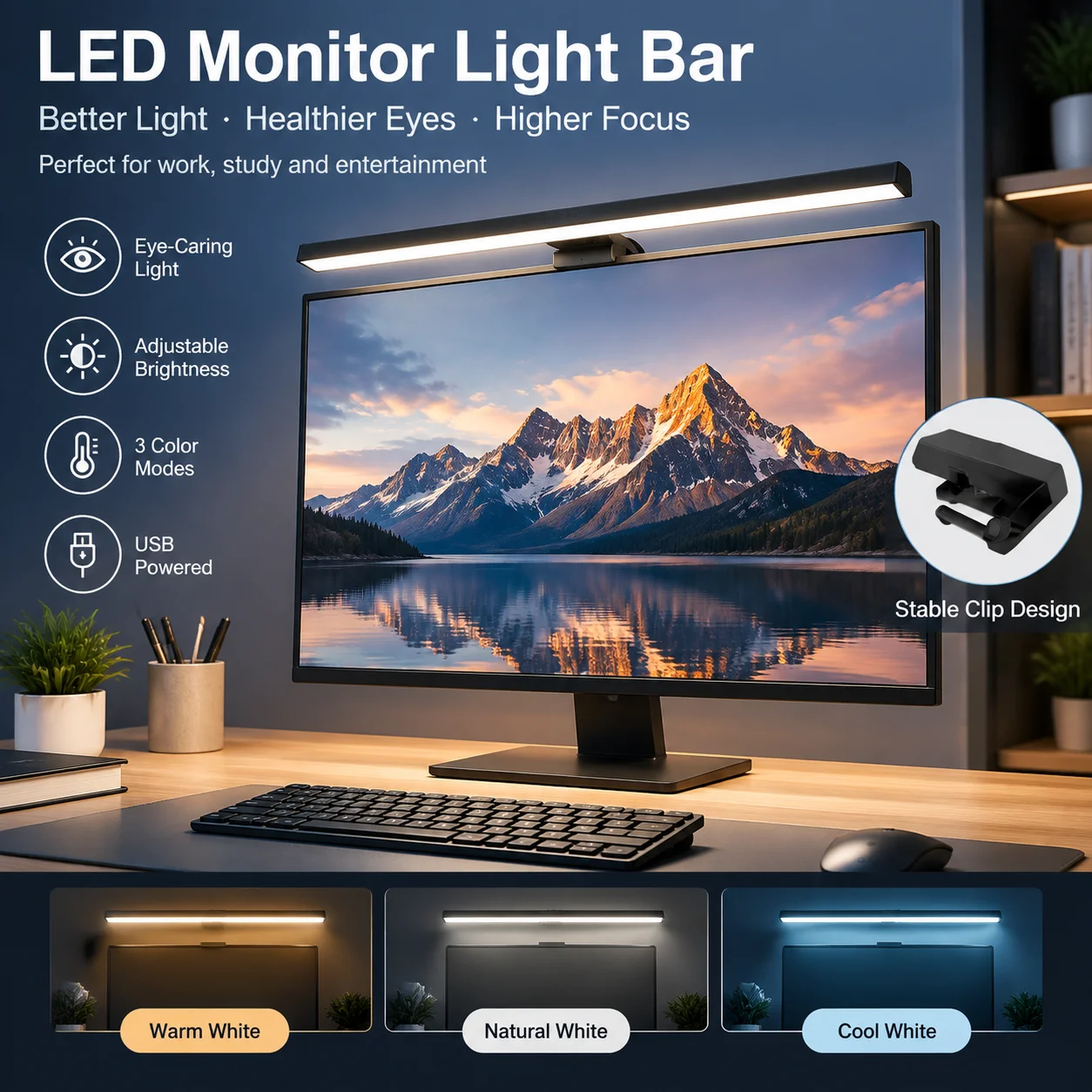 LED Desk Lamp Monitor Light Bar PC Computer Dimmable Screen Light 33cm 50cm Office Study Reading Hanging Table Lamp USB Powered