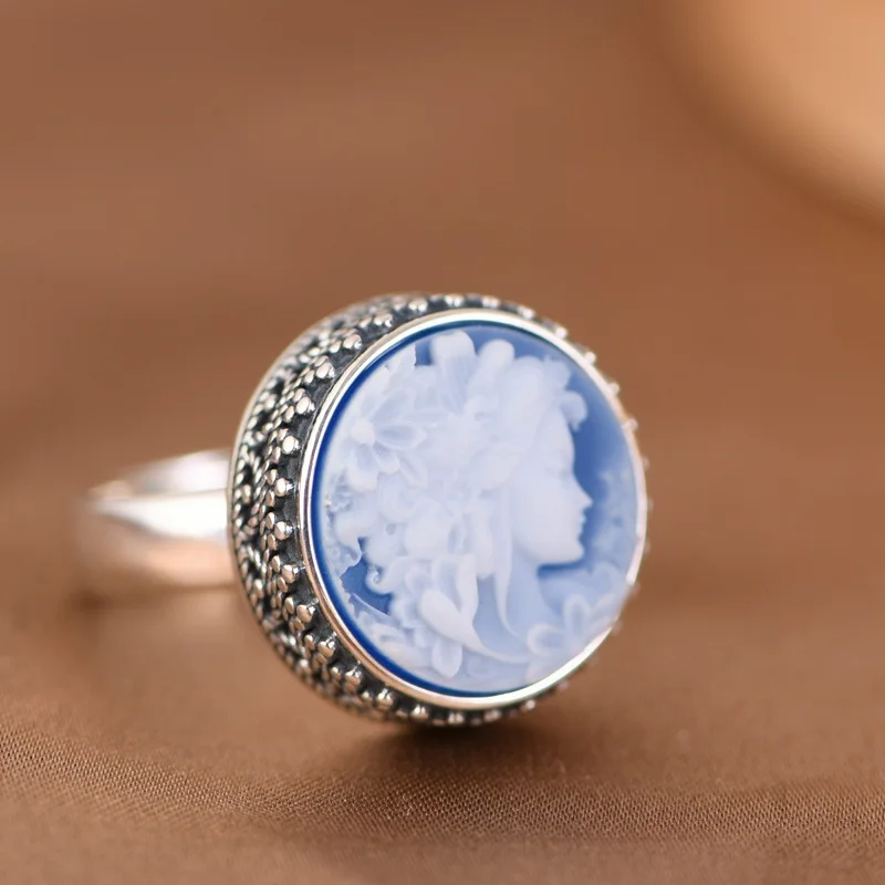 S925 Silver Rings for Women Men New Fashion Agate Circular White Shell Angel Vintage Jewelry Adjustalbe Wholesale Drop shipping