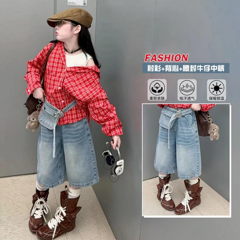 

Girls Clothes Set Size 4-14Y Kid Top+Bottom Clothing Suit Child Retro Red Checkered Shirt 3Pieces Toddle Girls Y2K Fashion Suit