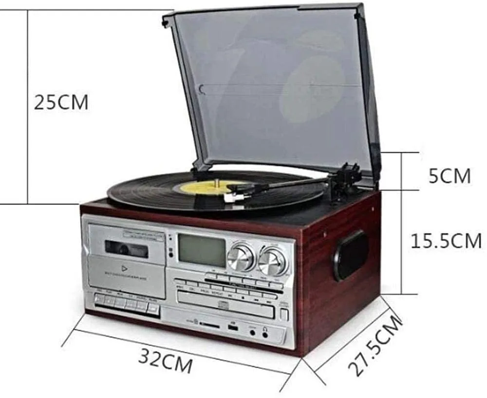 Retro 10-in-1 Turntable with BT CD Player Cassette FM Radio Vintage Gramophone All-in-One Music Center & Living Room Decor