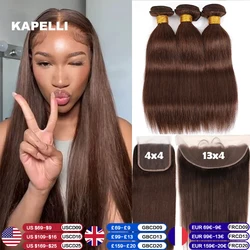 Unprocessed Brazilian Straight Human Hair Bundles with Closure HD 4x4 13x4 Chocolate Brown 100% Raw Remy Hair Weave Extensions