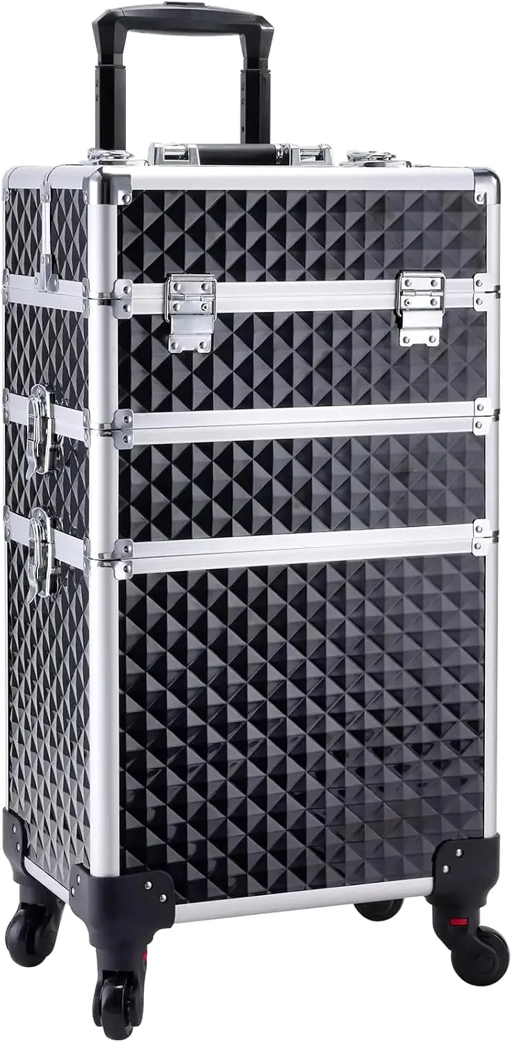 3 In 1 Professional Rolling Makeup Train Case Aluminum Trolley 360 Rotation Wheels Makeup Artist Cosmetic Suitcase Organizer Loc