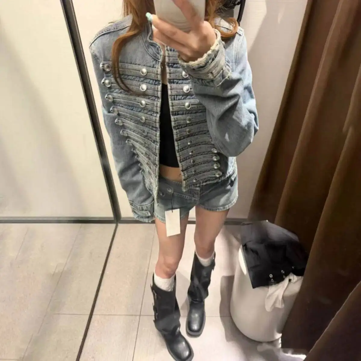 Laur 2026 New Women Stand Collar Denim Crop Jacket Long Sleeve Double Row Metal Button Washed Vintage Slim Casual Fashion Top