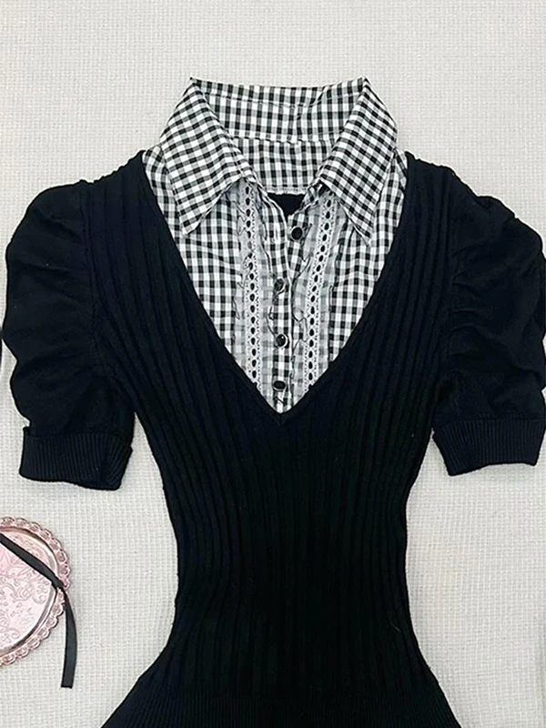 Boya Girl Original Bla Plaid Splicing ort Sve T-irt Women Summer Vintage Vintage Clothing Top Trendy  irt