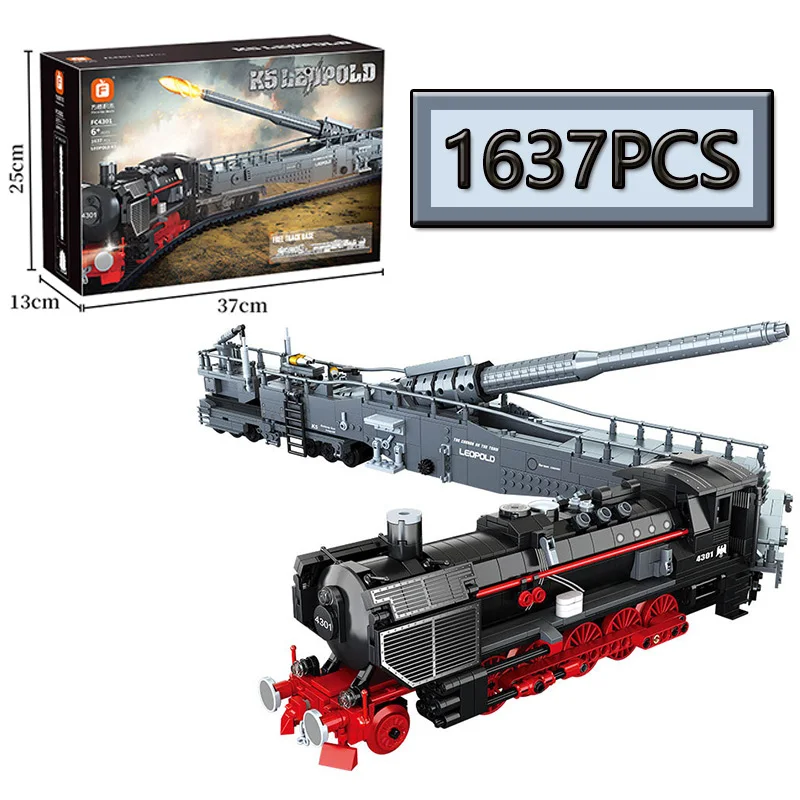 

MOC 1637PCS Military Series German K5 Train Cannon Building Block Creative Model DIY Assembly Puzzle Toy Gift