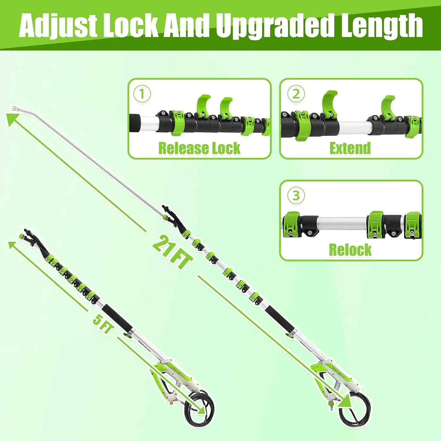 21FT Telescoping Pressure Washer Wand with Brush, Power Washer Extension Wand, Aluminum Telescopic Gutter Cleaner with 3 Curved