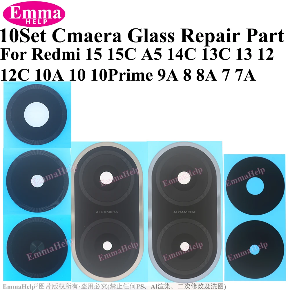10pcs Rear Camera Glass Lens For Xiaomi Redmi 15 15C 14C 13C 13 4G 5G 12 12C 10 10A 9A 8 8A 7 7A  Camera Glass Replacement Parts