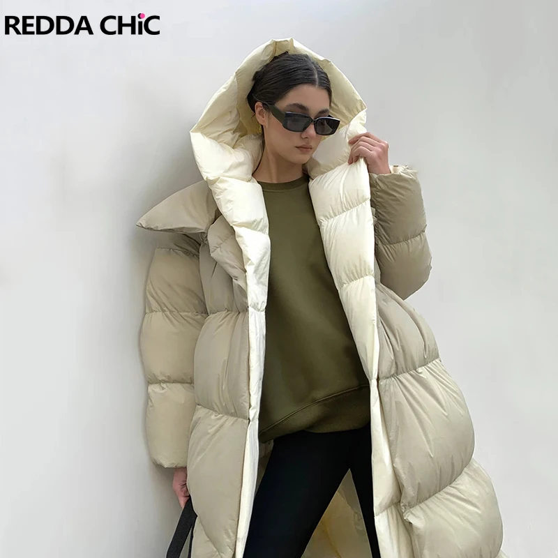 

REDDACHiC женские пуховики с цветными блоками и капюшоном с карманами, повседневная свободная толстая длинная куртка-пуховик на пуговицах, теплая зимняя верхняя одежда