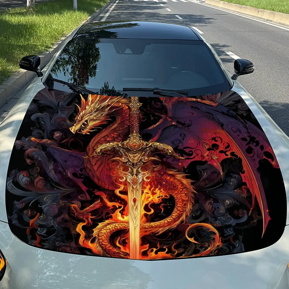 

Fiery Holy Sword Dragon in Frenzy Domain Secret Realm Car Vinyl Wrap, PVC Material Waterproof Car Hood Sticker, Self-Adhesive Sc
