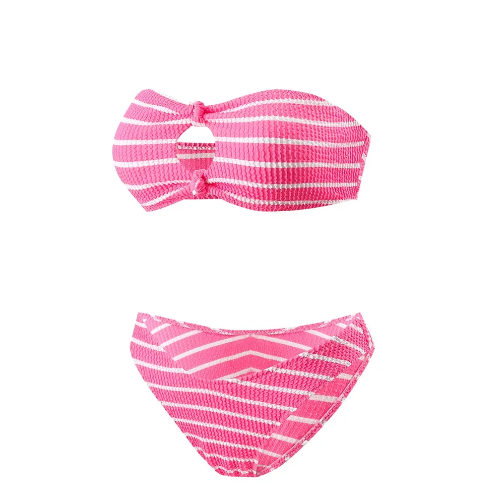 Nuevo Bikini Bandeau con estampado de rayas rosas para mujer, traje de baño Sexy para mujer, traje de baño femenino de dos piezas, Bikinis con Tanga, traje de baño, ropa de playa