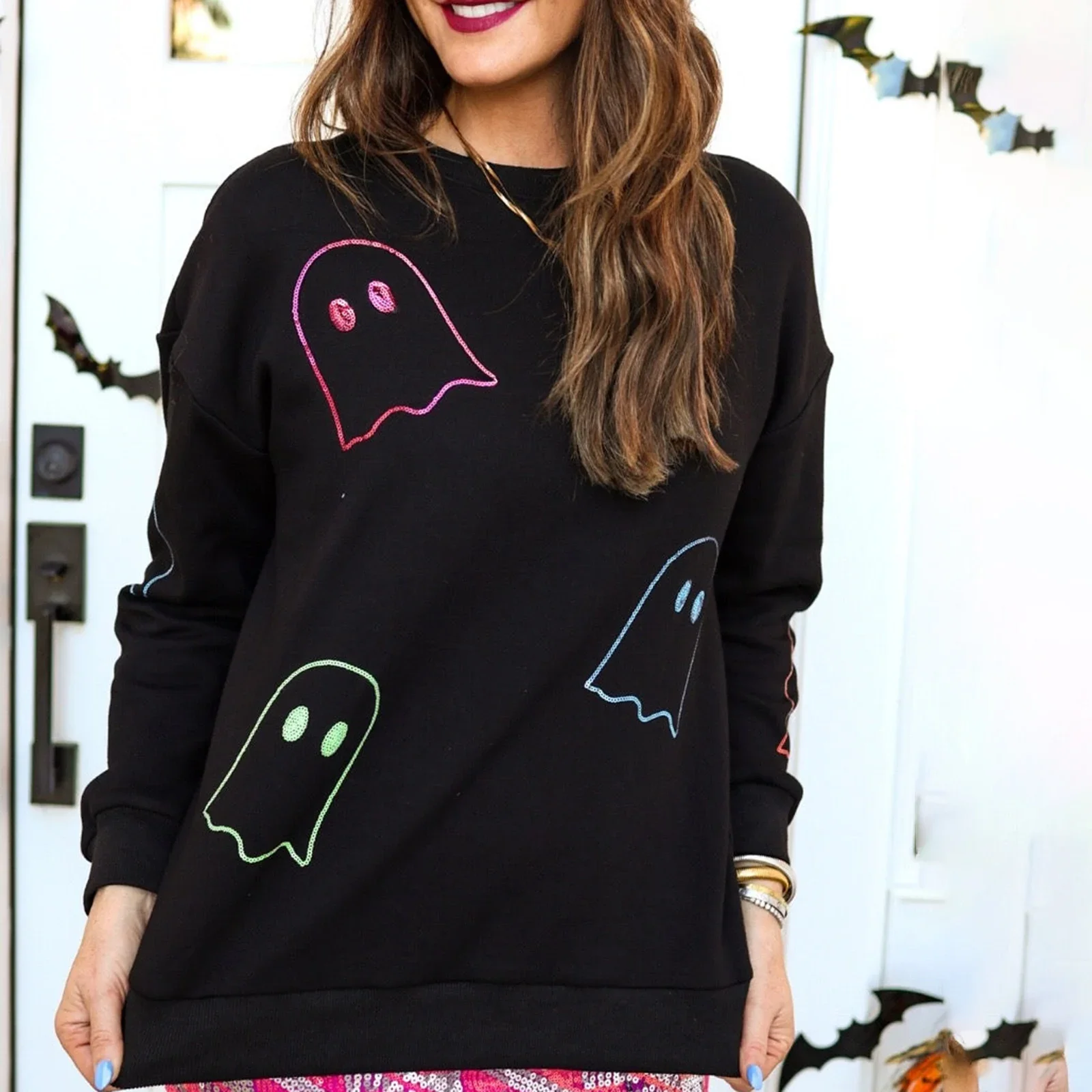 

Women Sweatshirt Long Sleeve Crew Neck Sequined Ghost Hoodie Pullover Casual Tops