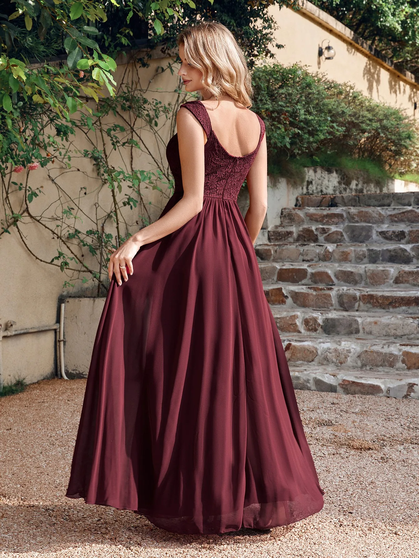 Lace Chiffon Evening Dresses Women Long Pleat A Line V Neck Sleeveless Bridesmaid Formal Wedding Party Prom Gowns Robe De Soiree