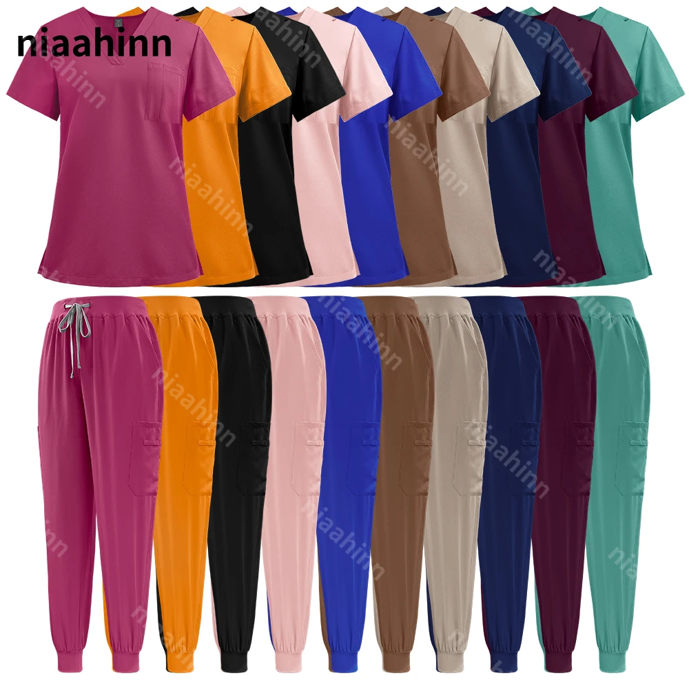 Niaahinn Multicolor Beautician Workwear Solid Color Hospital Nursing Uniforms Pet Clinic Scrubs Uniforms Work Clothes Wholesale