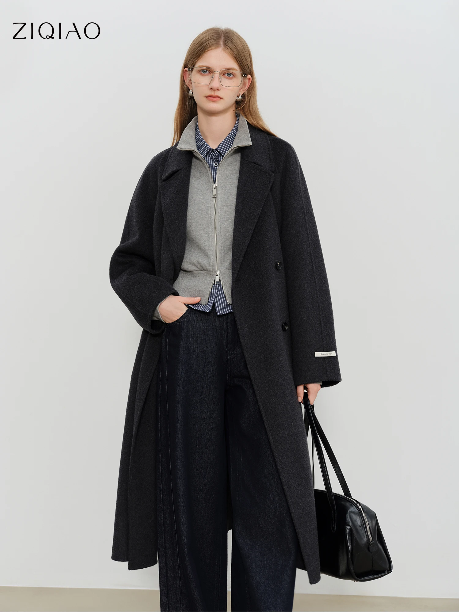 ZIQIAO Crafty Studio Petite Women's White Camel Wool Coat with Double Faced Design 2025 Winter New Collection Wool Blends