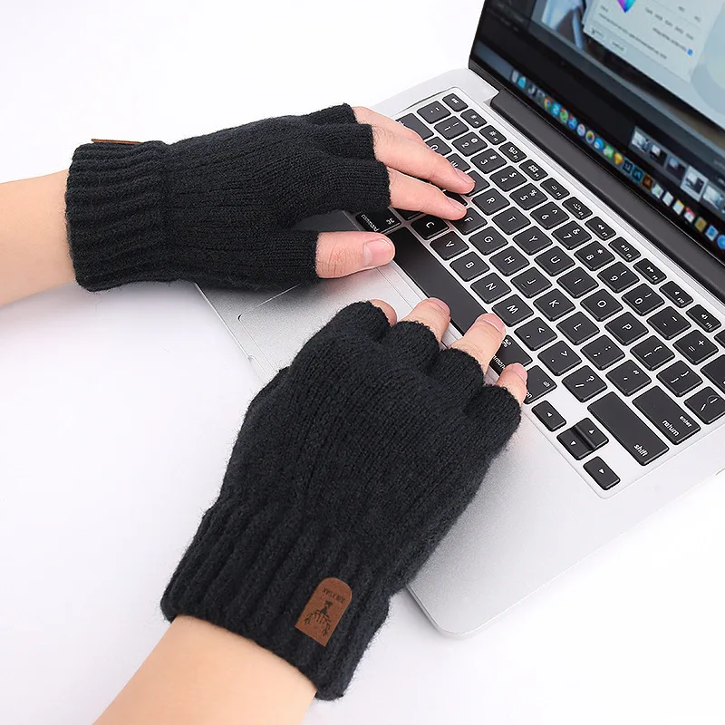 Winter Warm Alpaca Wool Gloves Unisex Half Finger Writting Office Knitted Thick Wool Thick Elastic Label Outdoor Driving Gloves